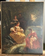 Tableau Ancien XIXe École Française - Scène Romantique Huile sur Toile