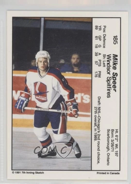 1990-91 7th Inning Sketch OHL Mike Speer #185 - Image 2 of 2