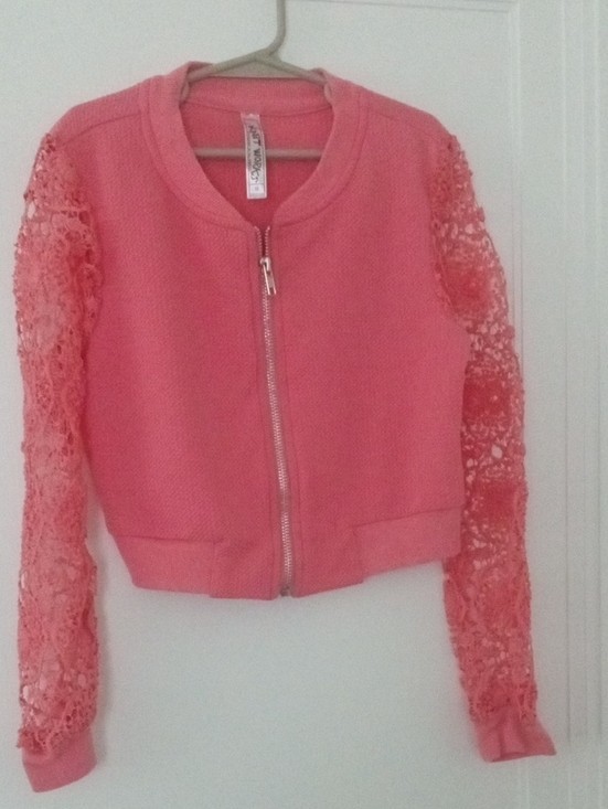 girl 10 coral orange zip up, crochet sleeves