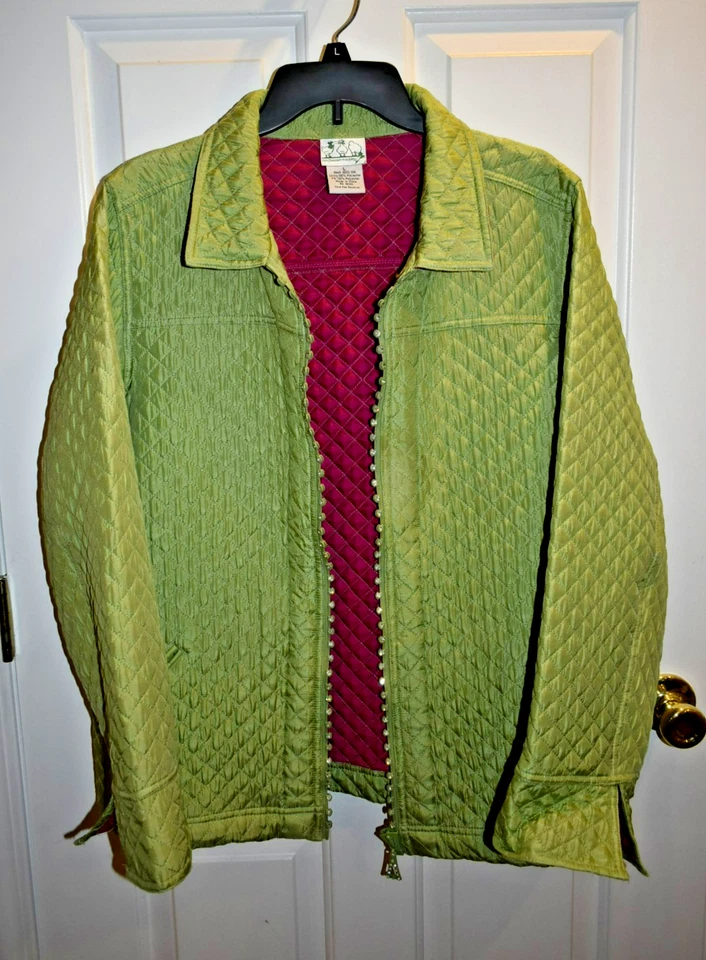 Quacker Factory Green 100% Silk Full Zip Jacket with Rhinestones Size Large - Image 2 of 4