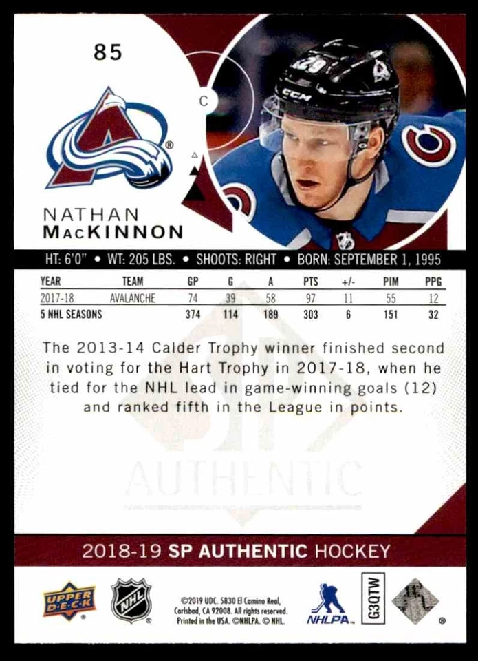 2018-19 SP Authentic Nathan MacKinnon #85 - Image 2 of 2