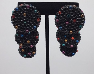 Vtg Richard Kerr Earrings Black Confetti Rhinestones 3-Disc 2-1/2  Clip On *READ