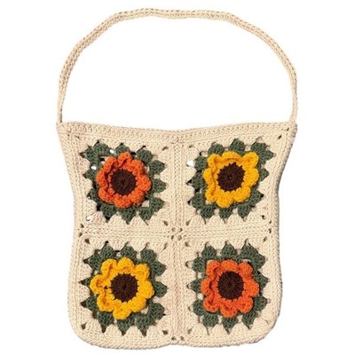 Handmade Crochet Granny Square Sunflower Tote Bag Cream Boho Floral Shoulder Bag