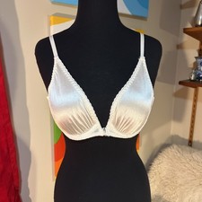 Vtg Christian Dior Intimates Glossy Satin Lace Bra 36C Ivory Pearl Front Clasp