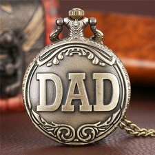 DAD Engraved Bronze Pocket Watch Full Hunter Birthday Gift for Dad with Chain