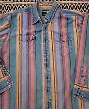 Vintage Wrangler Shirt L Pink Green Brushpopper Western Pearl Snap 17.5 X 35 USA