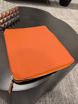 Hermès Orange Clemence Leather Zip iPad Tablet Portfolio Case Palladium Hardware