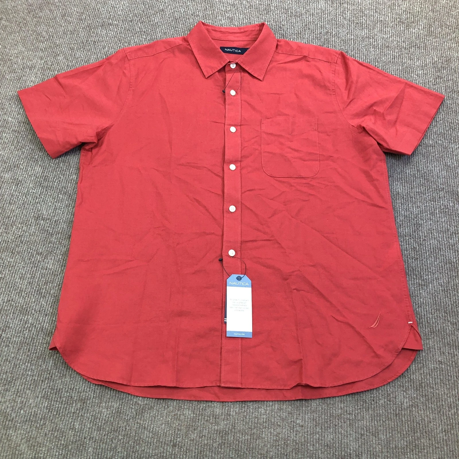 Nautica Shirt Mens Medium Red Solid Short Sleeve Button Up Linen Casual