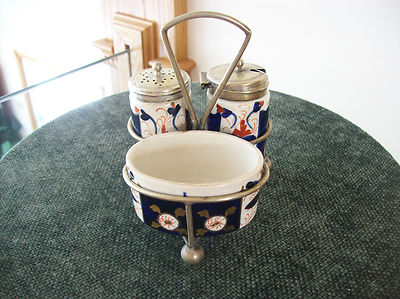 Welsh Gaudy Imari Colors Cobalt Blue Antique Mustard Porcelain Cruet Set 
