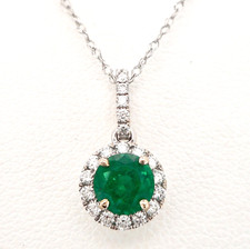 14K WHITE GOLD GENUINE ROUND EMERALD AND DIAMOND HALO NECKLACE