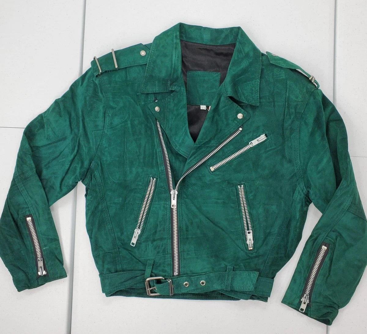 Vintage Unbranded Women M Green Teal Suede Moto Jacket