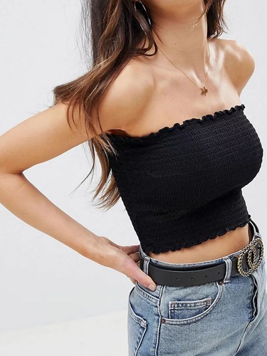 BLACK Pure Cotton Shirred Bandeau Top 109 - Picture 6 of 6