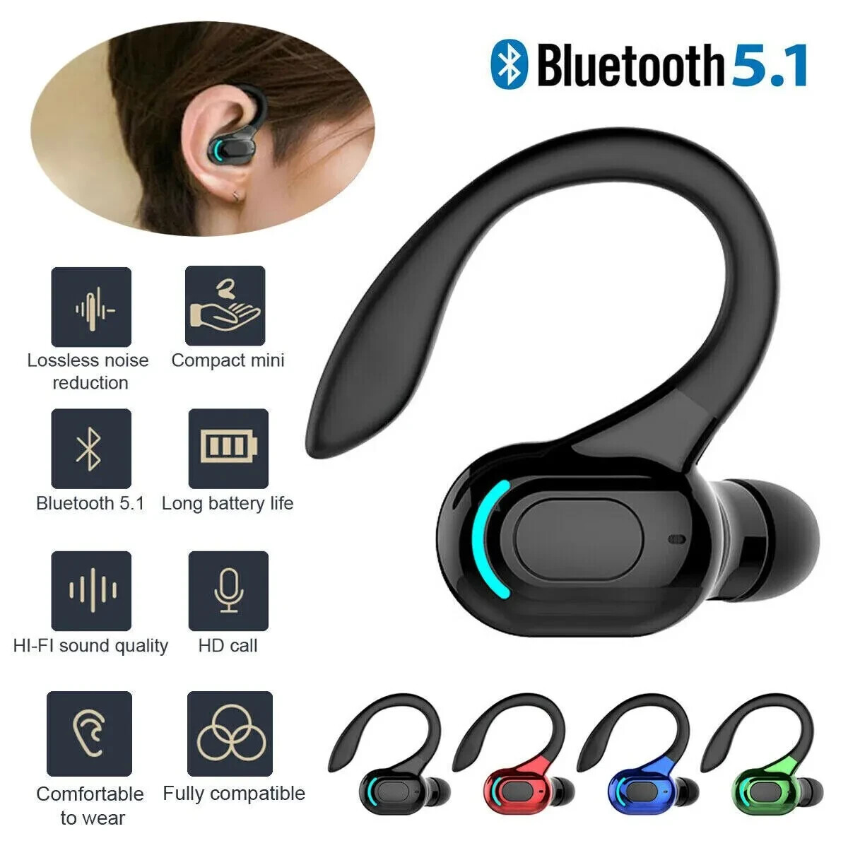 Casque Bluetooth sans fil noir 5.1 avec micro intégré kit mains libres