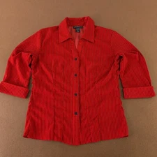 Elementz Women's Size Large Red Black Striped 3/4 Sleeve Button Front Blouse