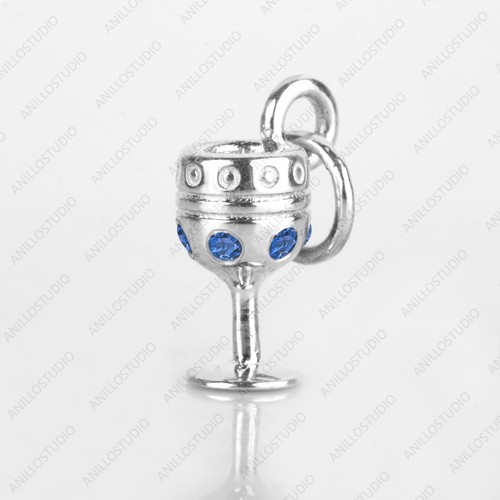 Real Blue Sapphire Gemstone Wine Glass Flush Set Charm Pendent , 14k White Gold - 第 1/1 張圖片