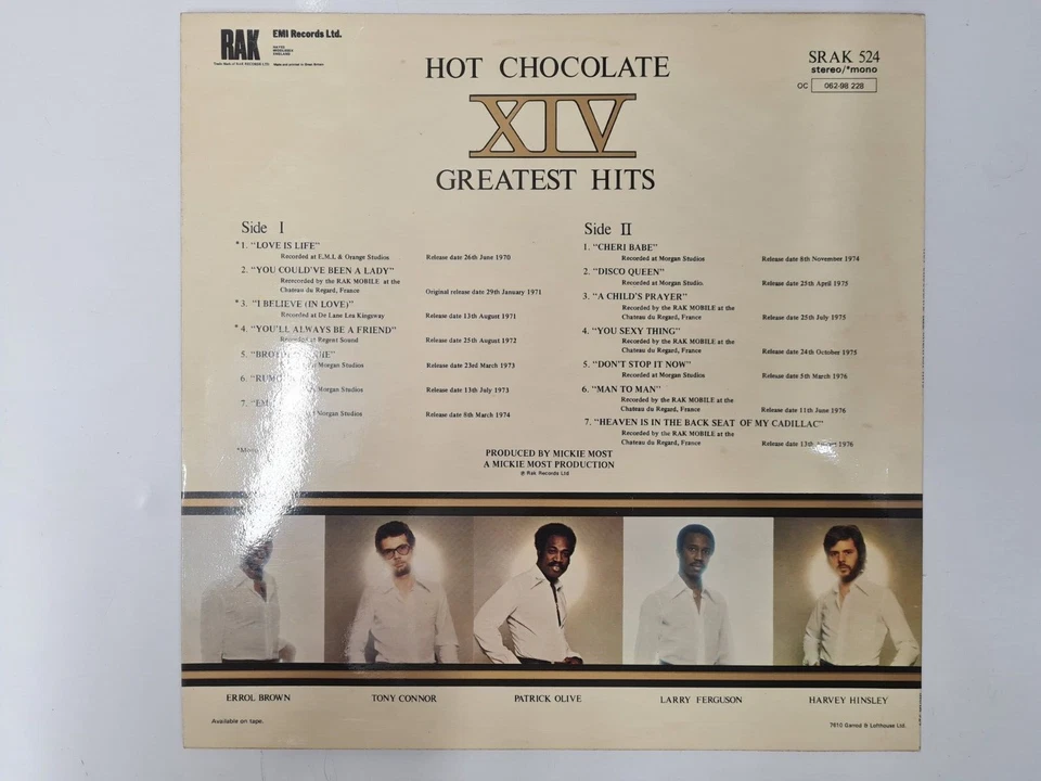 Hot Chocolate – XIV Greatest Hits STEREO/MONO UK 1976 Vinyl LP Ref: E21 - Image 2 of 2
