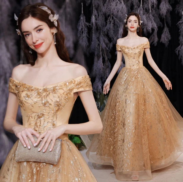 Gold Evening Dresses With Detachable Train Off-Shoulder Party Cocktail Prom  Gown | eBay