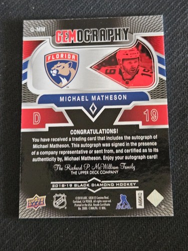 2018-19 UPPER DECK BLACK DIAMOND MICHAEL MATHESON G-MM GEMOGRAPHY AUTO - Picture 2 of 2