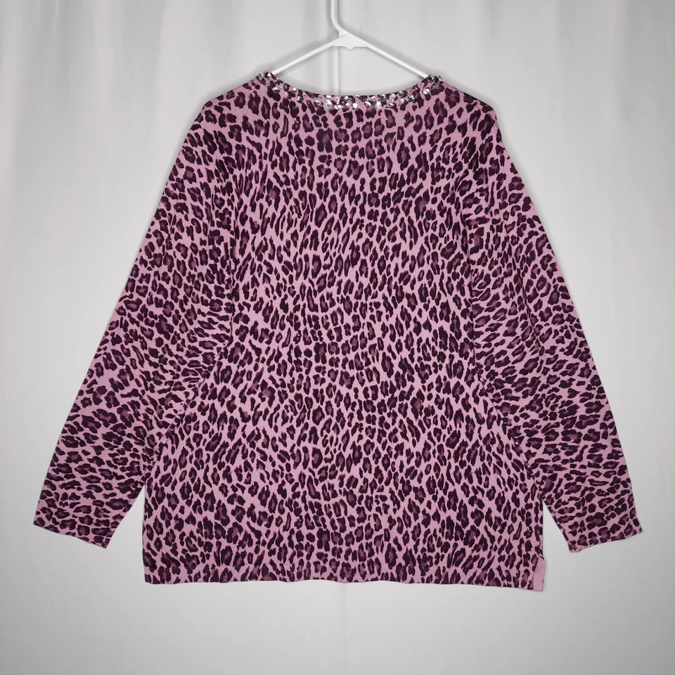 Quacker Factory Button Cardigan Women 1X Purple Sequin Beaded Animal Leopard NEW - Image 2 of 4