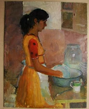 Ukrainian Soviet Oil Painting female Portrait realism girl kitchen 