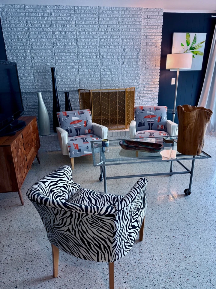 Silla Boomerang retro geométrica años 50 atómica mediados de siglo tela de corteza tela vintage Foto 4 de 4