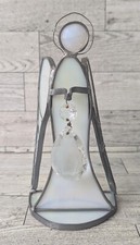 Vintage Stained Glass Angel Iridescent White Standing Tea Light Candle Holder