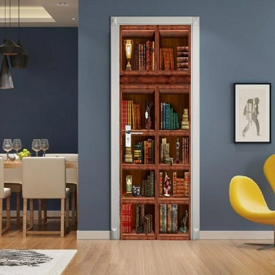 3D Retro Bookshelf Self-adhesive Bedroom Door Sticker Murals Wallpaper Decor