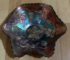 Antique Carnival Glass Fenton 9" Iridescent Bowl 'Vintage Grape' Ruffled Rim