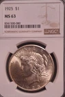 1925-P  $1 PEACE SILVER DOLLAR  "PHILADELPHIA MINT"  NGC MS63