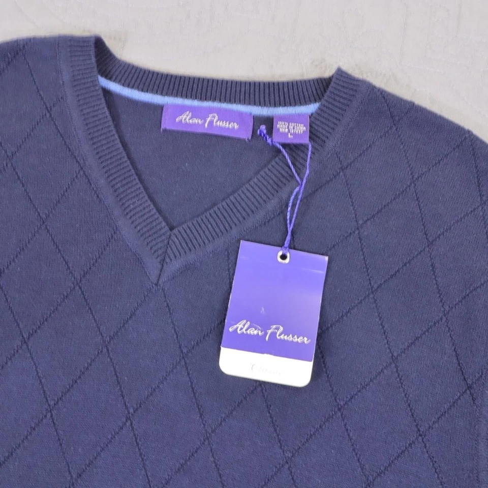 Chaleco Suéter Alan River Para Hombre Grande Azul Marino Argyle Cuello en V 100% Algodón Tejido Foto 2 de 4