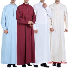 Men Muslim Dress Saudi Style Thobe Robe Islamic Kaftan Abaya Arab Dubai Clothes