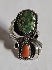 Vintage Native American Sterling Silver Turquoise And Red Coral Ring Sz 5 Ring