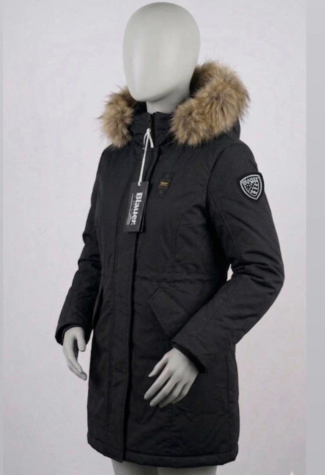 Blauer Damen Longjacke mit Fell und Glitzer Logo - Bild 1 von 1