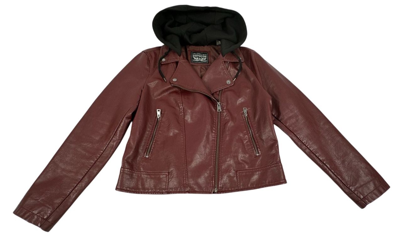 Levi Strauss Burgundy Classic Faux Leather Fleece Hooded Moto Jacket Women. L