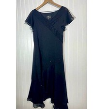 Sandra Darren 12 Black Chiffon Dress Beaded V-Neck Handkerchief Hem Formal Y2K