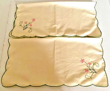 Linen Hankerchief or Mat with Embroidered Pink Flowers x2