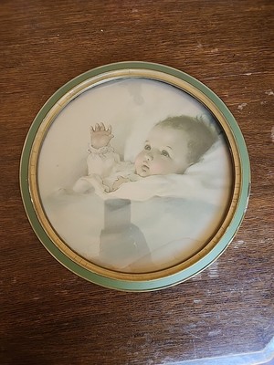 Vtg.  Peage Gutmann Baby Print 13.5'' Awakening. Circular Wooden Frame w/ glass.