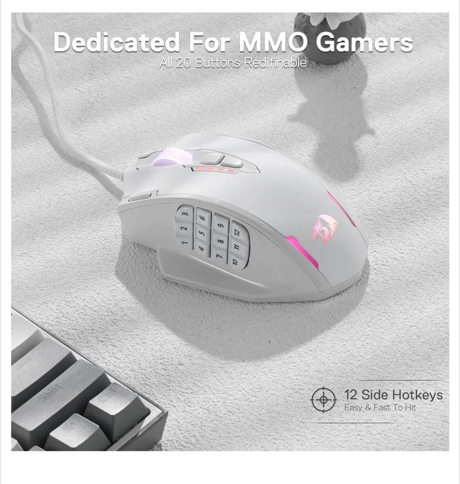 Redragon M908 RGB LED MMO Mouse with Side Buttons Optical, 12,400DPI, White - Image 4 of 4