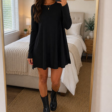 ASOS Black Ribbed Long Sleeve Swing Dress UK 8 Soft Stretch Mini Side Slit BNWT