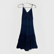 Pyramid Collection Blue Midi Dress Boho Fairy Peasant Embroidery Lace Medium