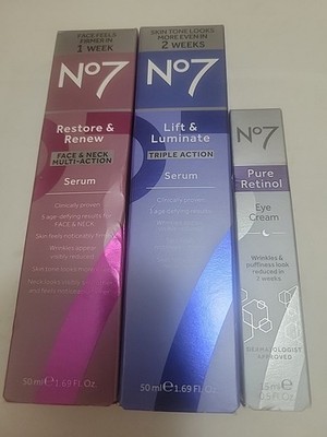 NO7 Skin Care Bundle Of 3. 1 Restore Renew, 1 Lift Luminate, and 1 Eye Cream.New