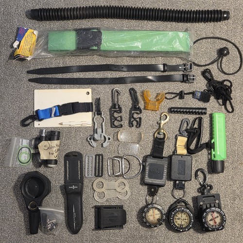 Misc Lot of Scuba Diving Equipment - Compass, UK Q40 Dive Light, Straps, BC Hose