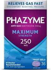Phazyme Maximum Strength Gas & Bloating Relief, Works in Minutes, 36 Fast Gels (