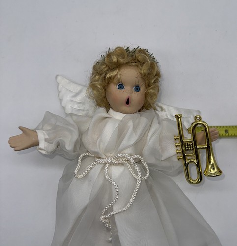 PORCELAIN ANGEL DOLL ORNAMENT Singing Horn Blond Hair Christmas Home Decor 10” - Picture 10 of 11