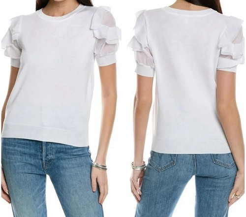 Nanette Lepore White Short Sleeve Sweater with Chiffon Ruffle Sleeves Size M NWT