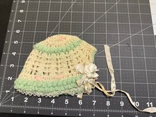 Vintage c. 1940's-50's Baby Bonnet White Green  Pink Trim Handmade Knit Hat