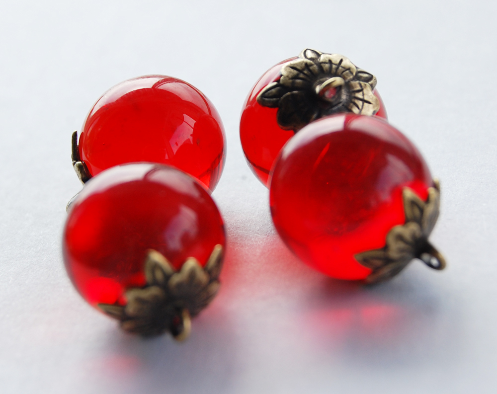 VINTAGE GLASS MARBLE BEAD PENDANTS • 16mm • BRASS BEAD CAPS