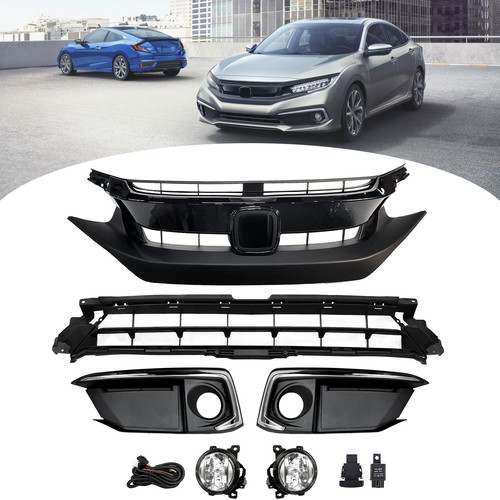 Front Bumper Upper & Lower Grille With Fog Lights For 2016-2018 Honda Civic – Black Chrome Mesh Style