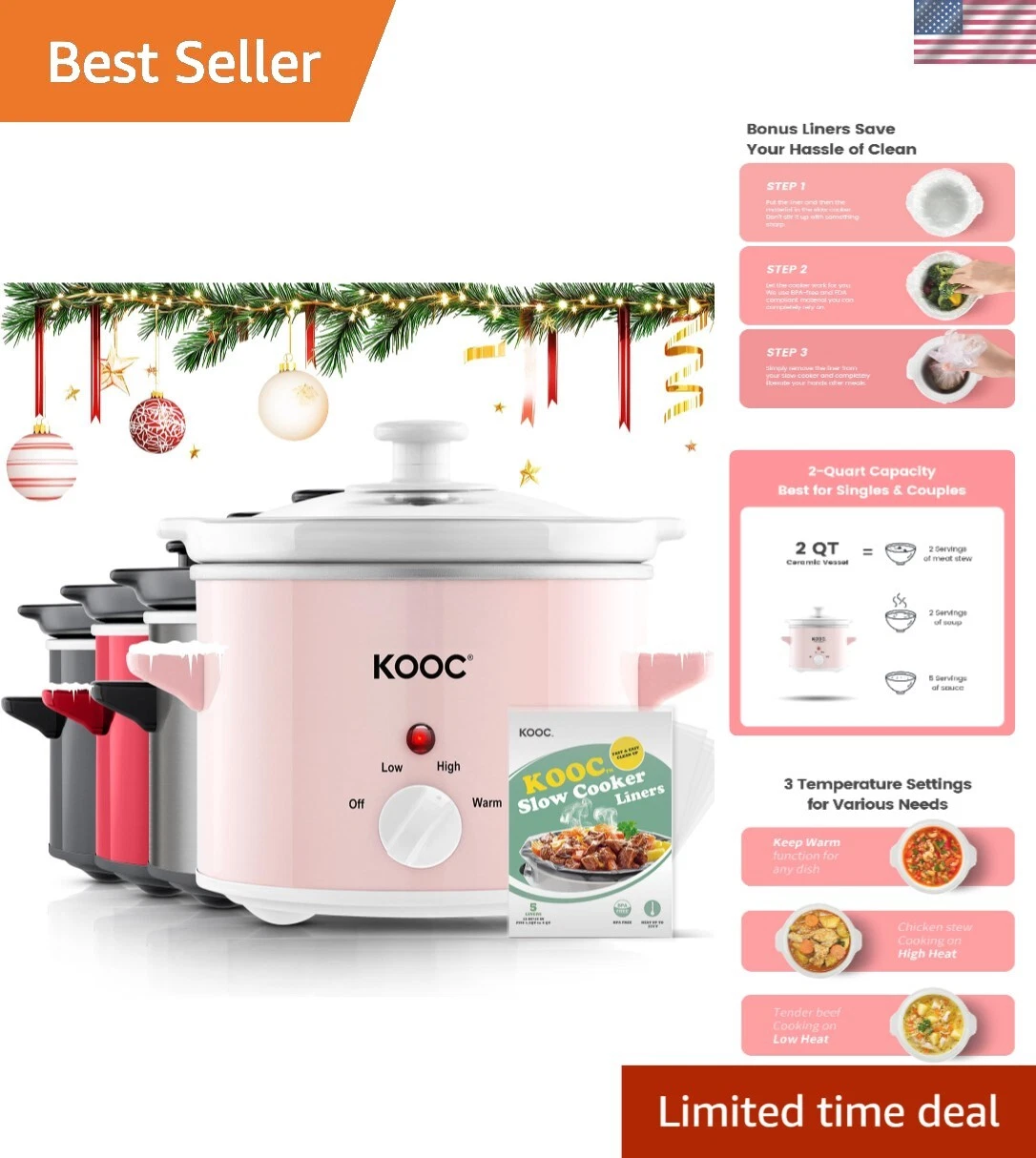 Health-Conscious Slow Cooker with 5 Free Liners - Pink Stainless Steel Design