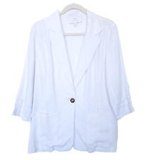 Halston Linen Blazer Jacket Top Women's Medium White 3/4 Sleeve Boyfriend Fit